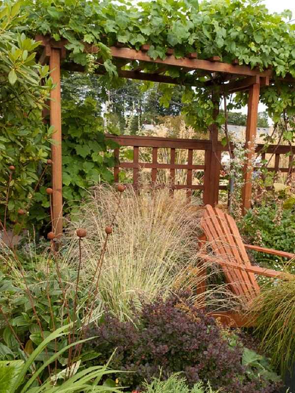 secret garden idea traditional plants pergola adirondack chair