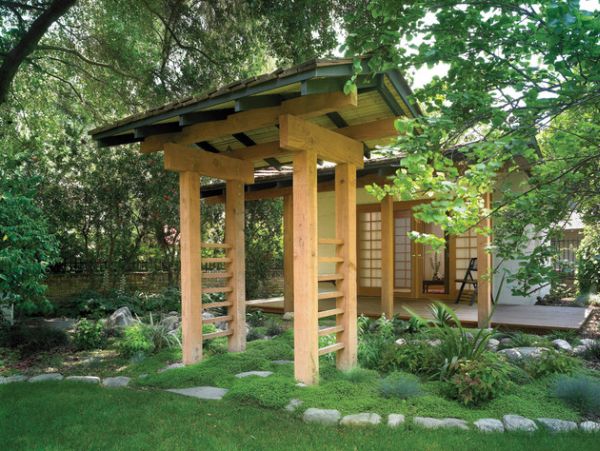 stylish archway in Japanese garden stepping stones