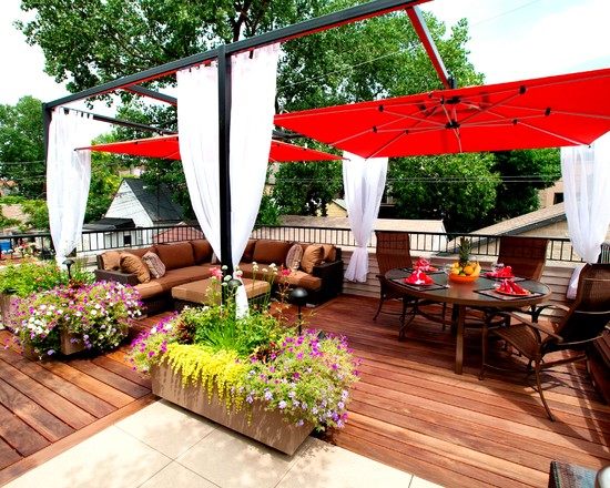 contemporary wooden flowers red shades dining area