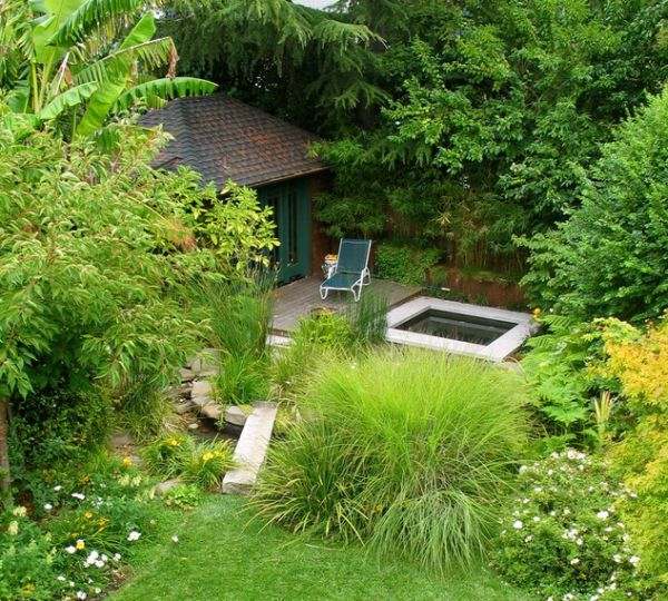 wooden deck peaceful Japanese style garden water element