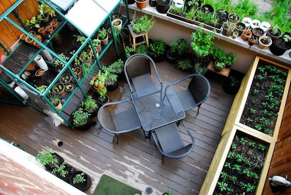 wooden deck vertically potted plants outdoor furniture