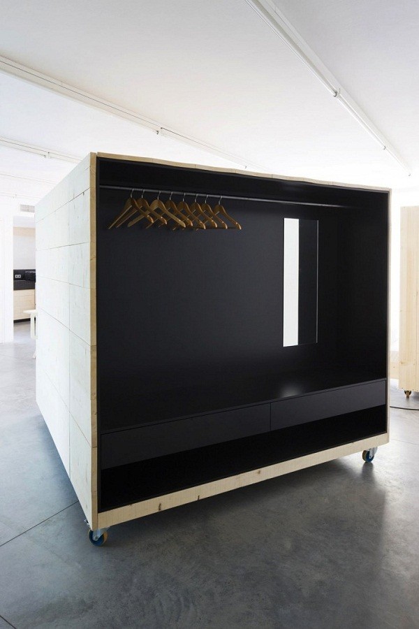 Harry Thaler living room furniture design pine wood closet incorporated drawers metal rod