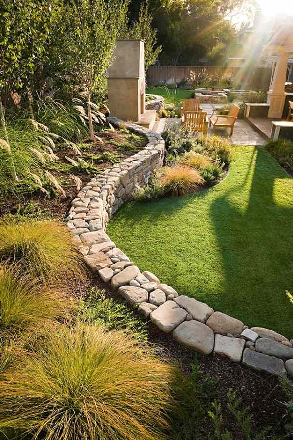 Landscaping-design-stone-retaining wall-garden-terraces-lawn-perennial-tree