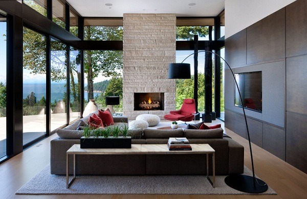 sofa set fireplace detached wall dark wood cabinets