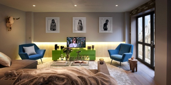 Living room lighting LED green blue chairs dresser Mews House