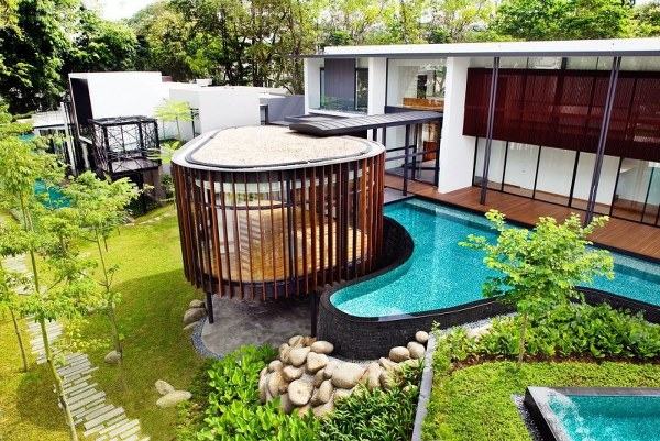 Luxury house wood blinds terrace beautiful garden swimming pool