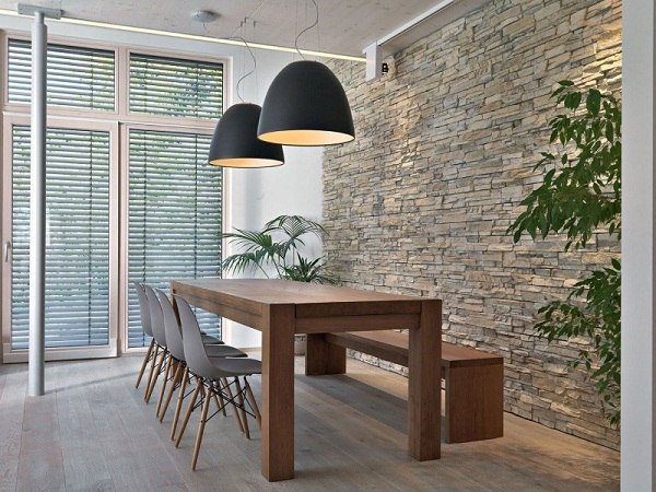 furniture solid wood table and bench stone wall 