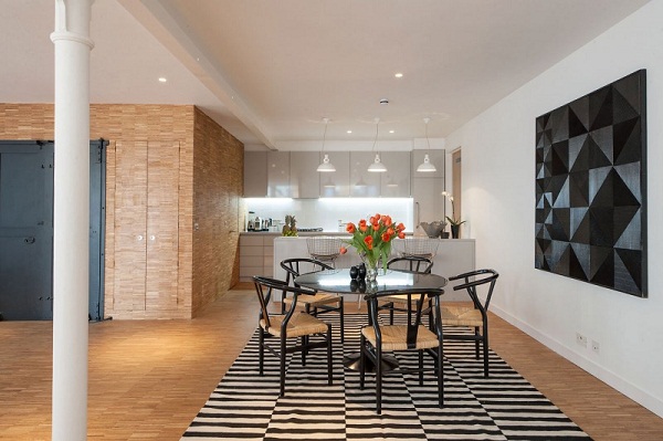 Modern ideas open kitchen striped carpet round table
