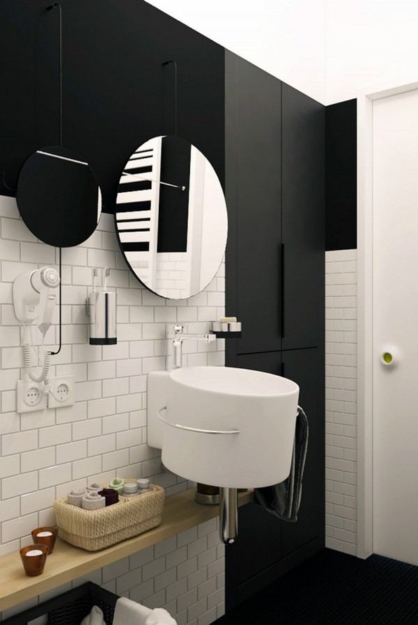 Small apartment round sink black white wooden shelf