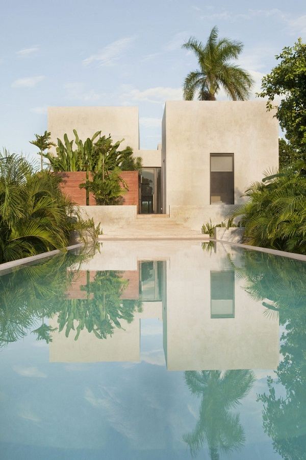 Water mirror pool house design ideas palm trees Hacienda Bacoc
