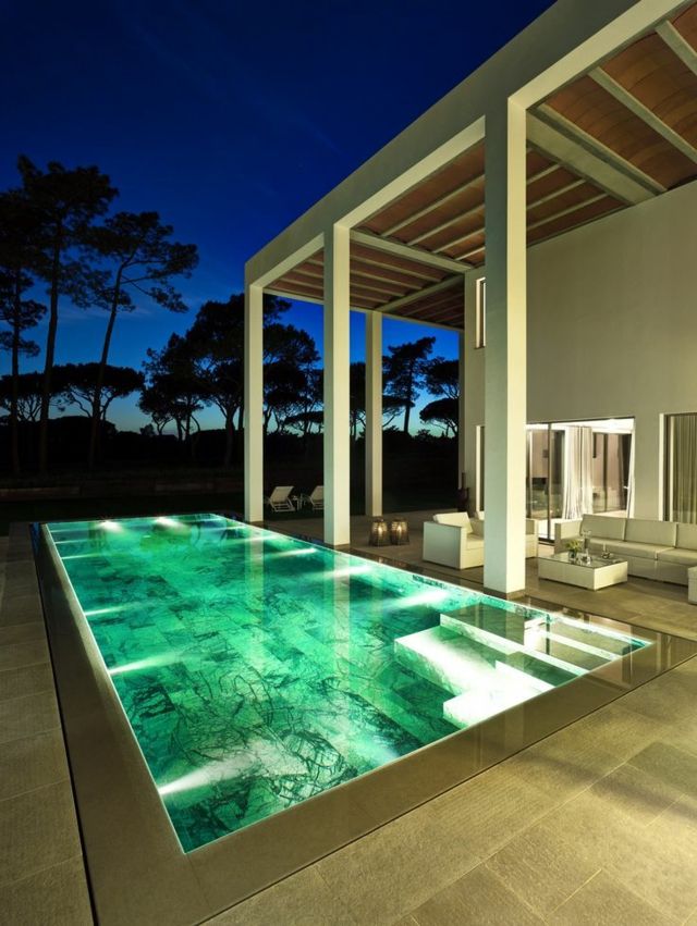 amazing modern pool lighting marble slates patio decor ideas