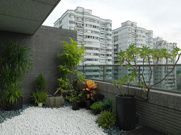 balcony garden design ideas white pebbles potted trees