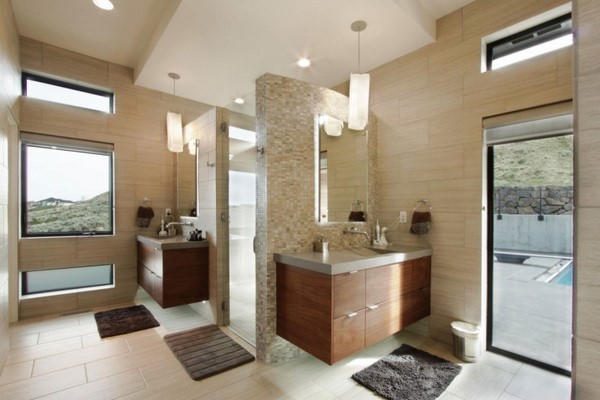 modern design beige mosaic tiles wooden cabinet