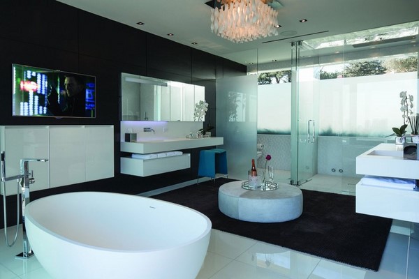 bathroom ideas glass ceiling light bathtub white furniture