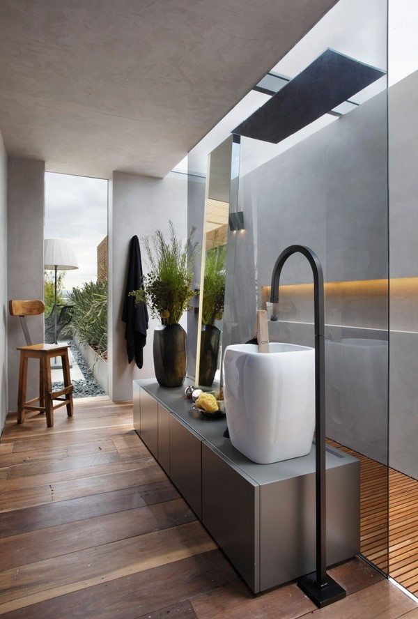 bathroom ideas modern plank floor glass wall vase walk in shower