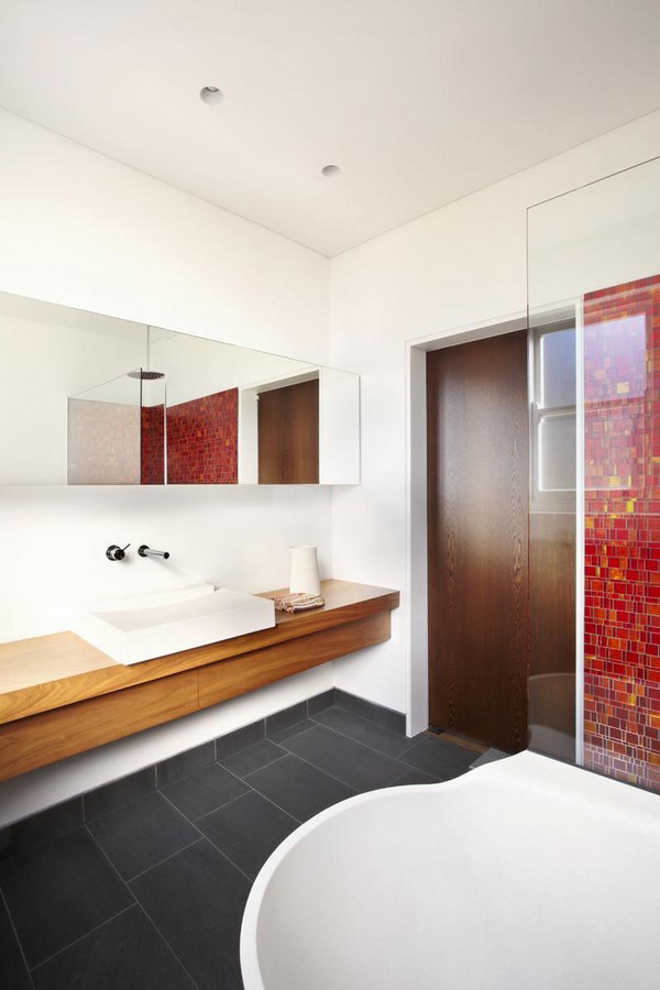bathroom ideas pictures modern furniture wood washbasin red mosaic tiles