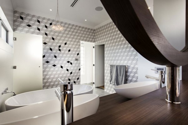 bathroom white gray wallpaper pattern oval bathtub The Empire