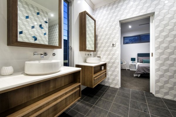 bathtub wooden vanity unit gray floor tiles wallpaper pattern