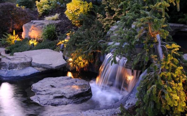 beautiful backyard lighting waterfall rocks modern garden