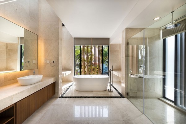 big bathroom design walk in shower glass wall bathtub mirror lighting
