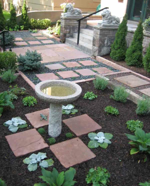 contemporary garden grid design water feature concrete path gravel