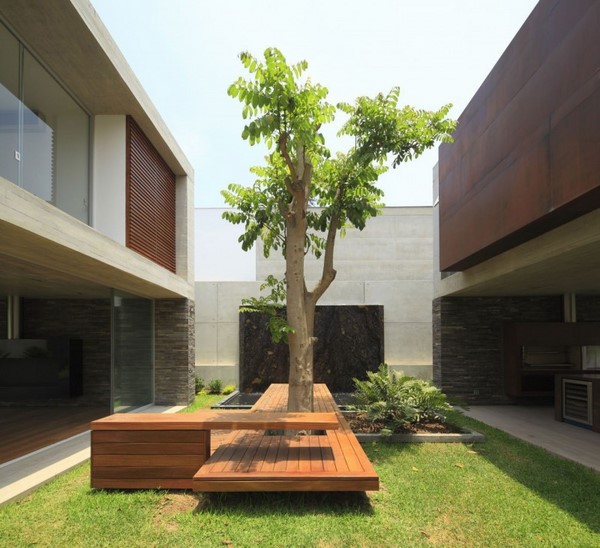 contemporary home courtyard wooden bench