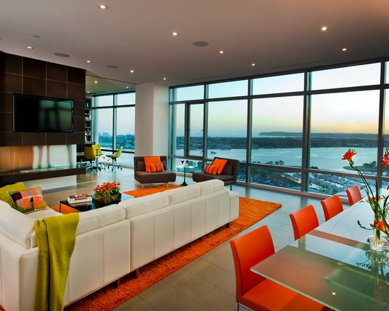 interior orange carpet white sofa design ideas glass wall