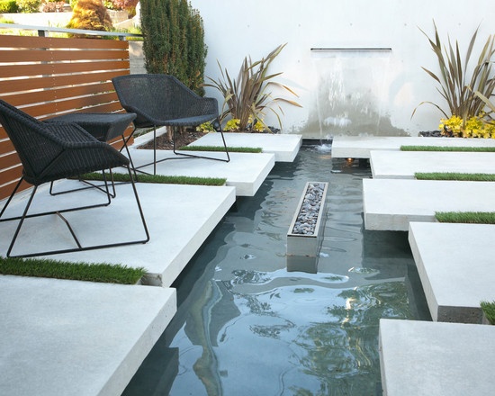 modern patio design pond concrete slabs