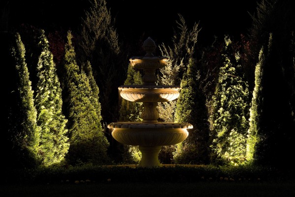exterior light design fountain trees garden decoration ideas