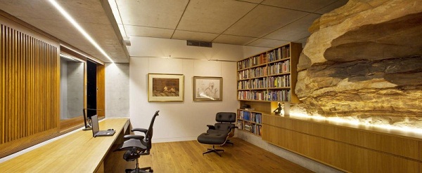 home office design big desk stunning wood element wall decoration Angophora House