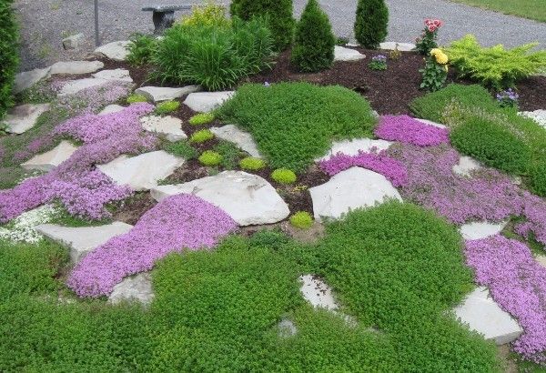 house exterior design garden rocks colorful blossoming flowers