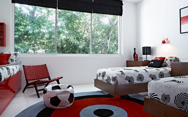 kids twin beds red black white carpet 