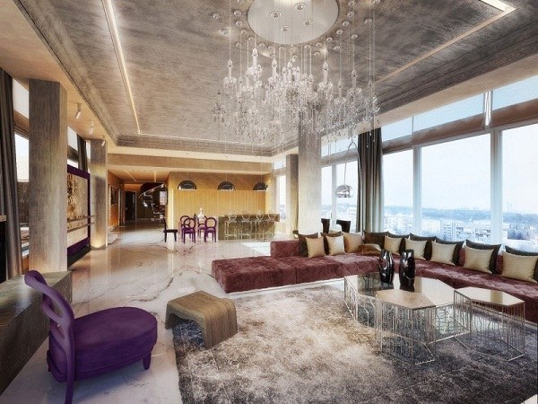 spectacular chandelier big sofa Penthouse Moscow