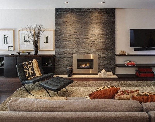living room wall decoration ideas natural stone fireplace accent Midvale Courtyard House