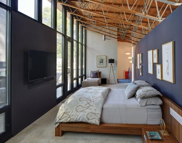 long narrow interior wall mounted tv wooden bed 