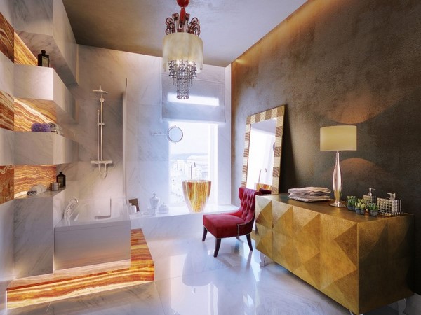 luxury bathroom white gold chandelier bathtub shelves dresser 