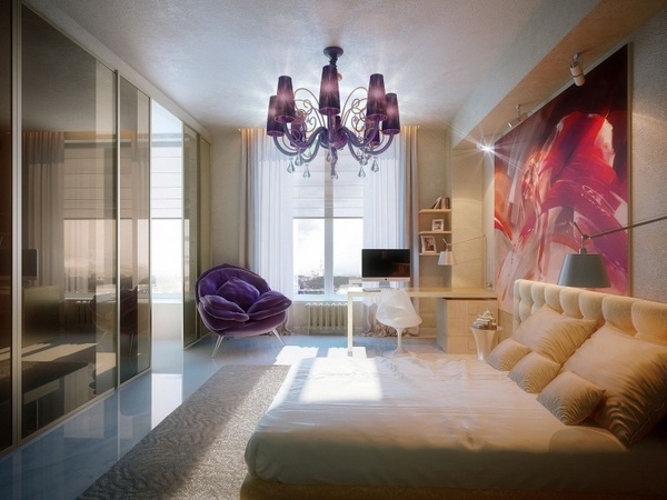 luxury bedroom design purple armchair sliding doors wall decoariton 