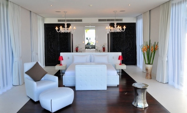 luxury white chandeliers black wardrobes wooden floor