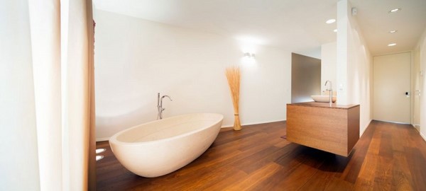 minimalist bathroom design wooden floor oval bathtub vanity 