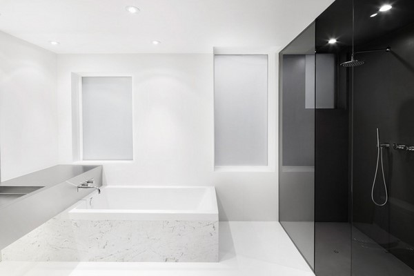 minimalist bathroom black white glass walk in shower 