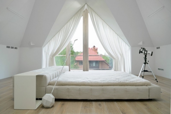 minimalist bedroom interior gable roof white curtains telescope
