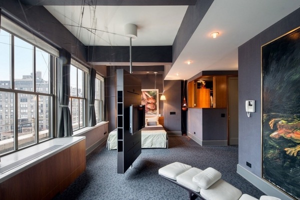 modern apartment gray room divider rotatable TV Condominium in NYC