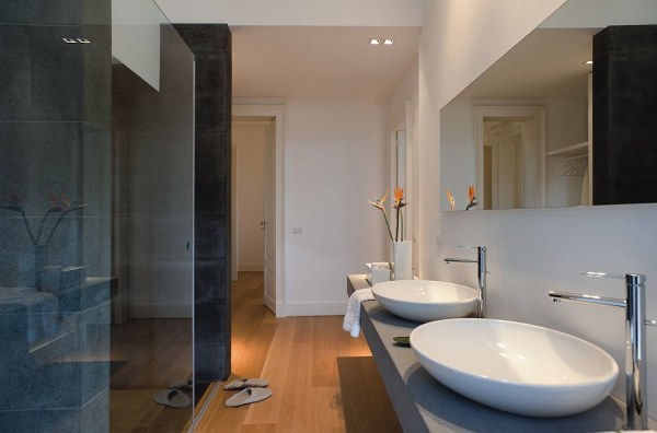 modern bathroom design double vanity large mirror