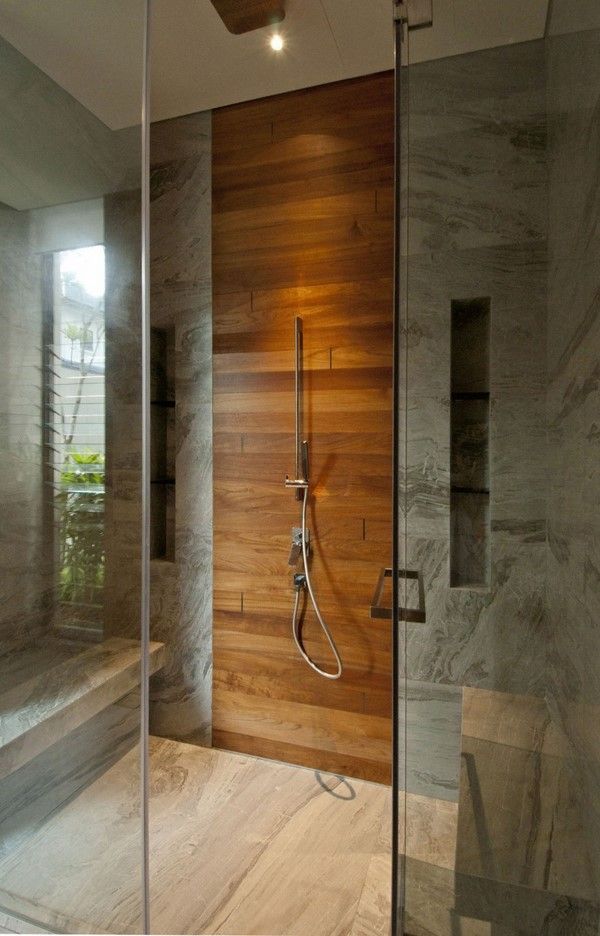 bathroom design ideas gray marble tiles shower area wooden wall 