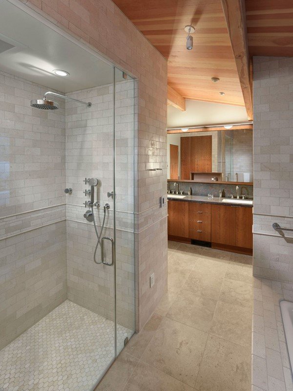 contemporary bathroom design walk in shower gray tiles wooden vanity unit