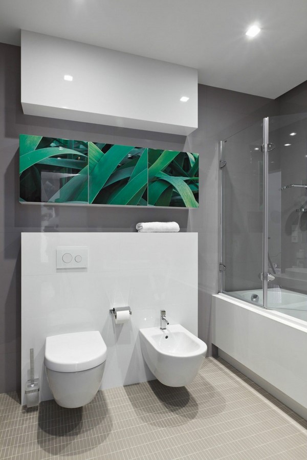 modern bathroom furniture white gray walls decoration plants photo 