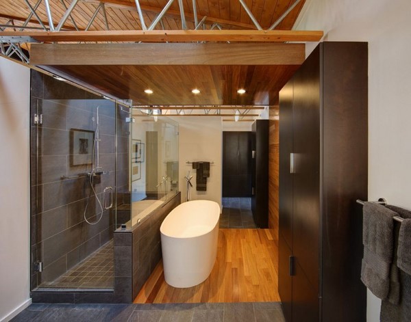 modern bathroom ideas walk in shower bathtub wooden floor