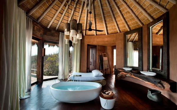 bathroom ideas tropical ambience oval bathtub solid wood vanity