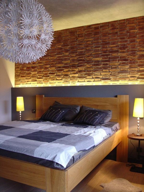 modern bedroom design ideas brick wall wooden bed interior lighting 