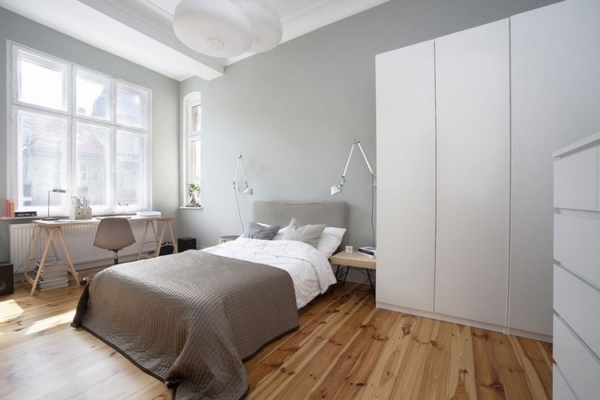 hard wood floor gray white bedding set white wardrobe